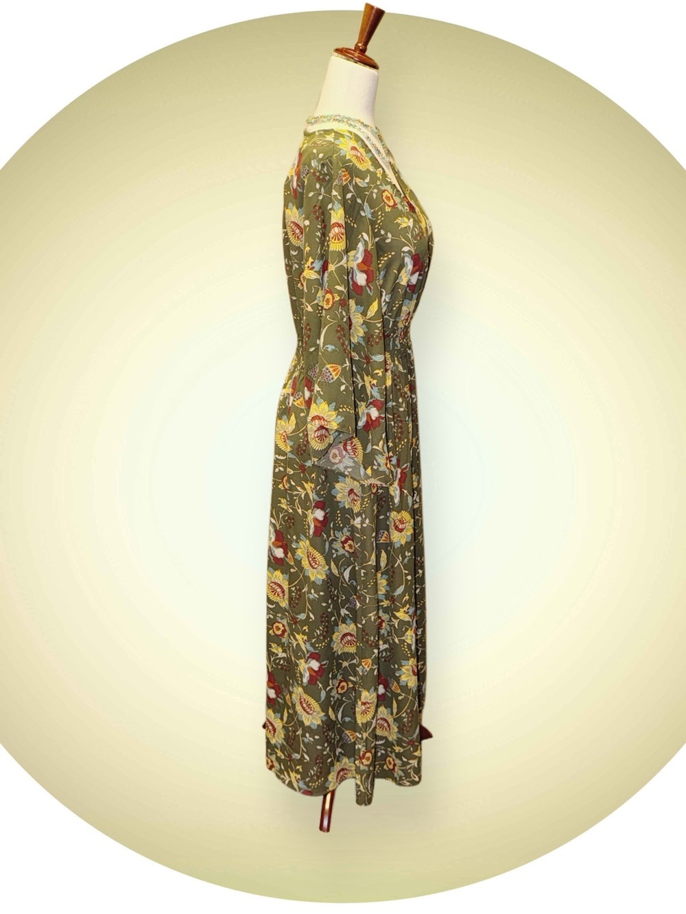 Belle Boho by Kim Gravel Smocked Waist Dress Olive Floral Fall Harvest - Picture 2 of 10